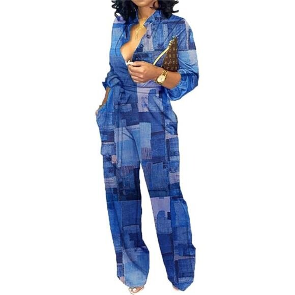 New Women's Elegant Business Casual Jumpsuit - Button-Down V-Neck, Long Sleeve, - Picture 7 of 7